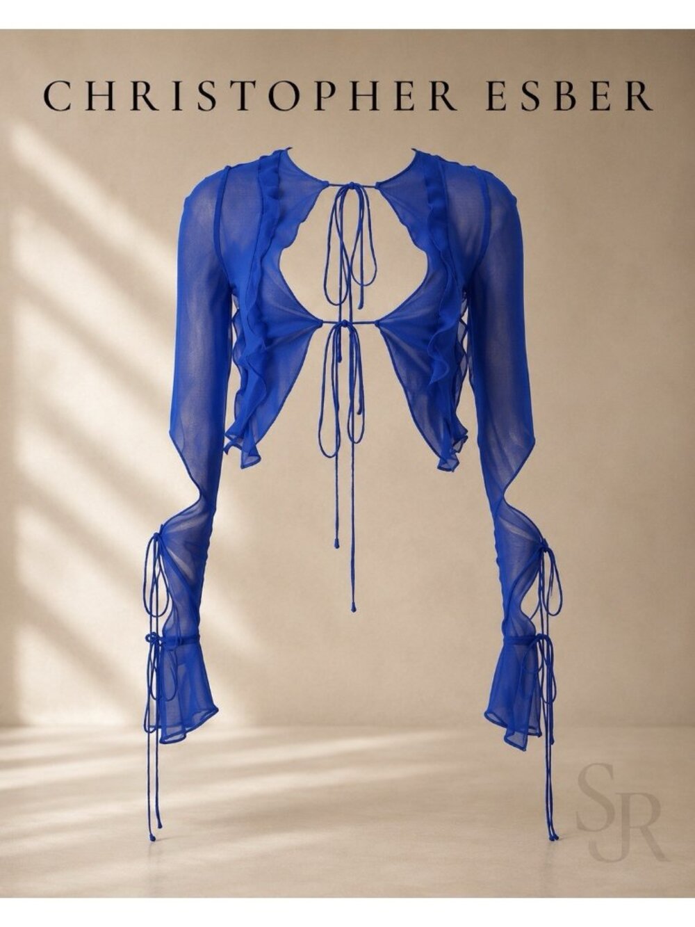 Christopher Esber Silk Chiffon Tie Front Sheer Shirt Cobalt Blue Cropped Top US2